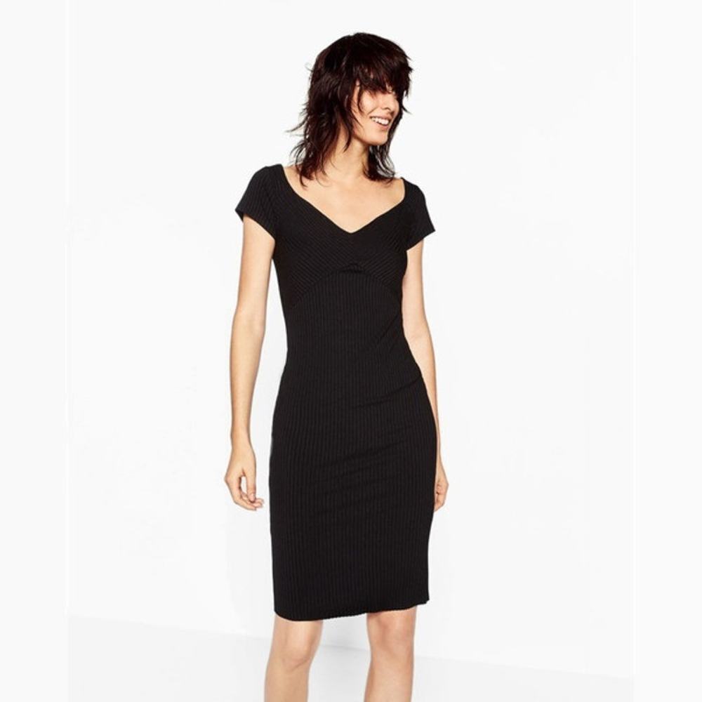 ZARA Ribbed Night Out Dress S Black V-Neck Cap Sleeve Slim Bodycon Tube #6252